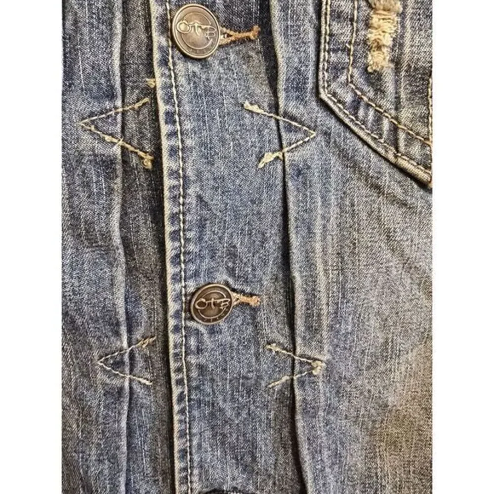OTB Women's Distressed Blue Denim Jeans Jacket Size Large -6- Rich Mom Old Money
